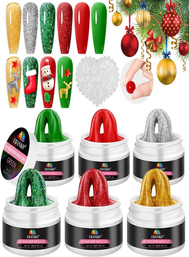EBANKU Christmas Solid Builder Gel for Nails, 6 Colors Christmas Nail Extension Sculpture Gel for Nail, Red Green Gold Silver Glitter Non-Sticky Carving Modeling Nail Art - Image 1